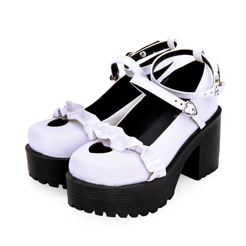 Round Toe Hollow Out Heart Shape Ruffle School Sweet Lolita Shoes - White - 2