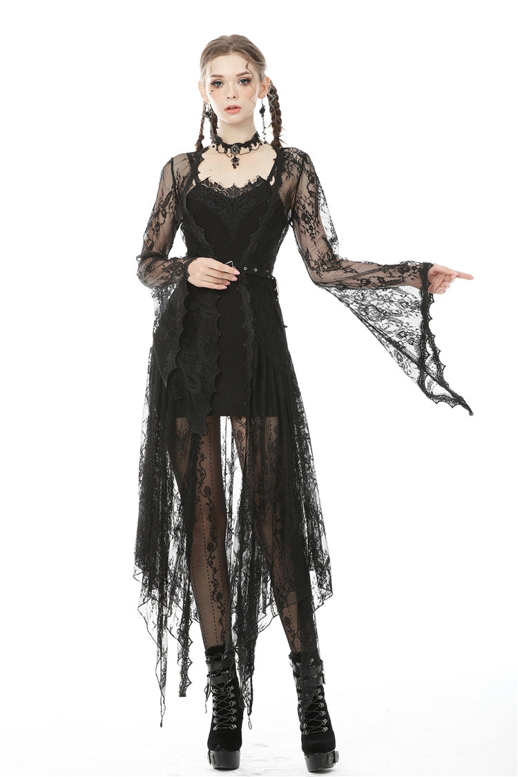 Black Long Trumpet Sleeves Sheer Floral Lace Women's Gothic Maxi Cloak with Belts - Product - 7