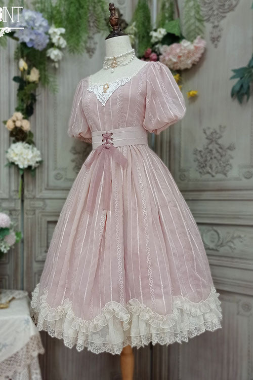 Pink Elegant Vintage Square Collar Short Sleeves Multi-Layer Ruffled Classic Lolita OP Dress - Product - 6