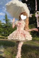 Pink [Flory Butterfly] Double-Layered Ruffle Bowknot Lace Lace-Up Sweet Ballet Lolita Jsk Dress - Product - 7