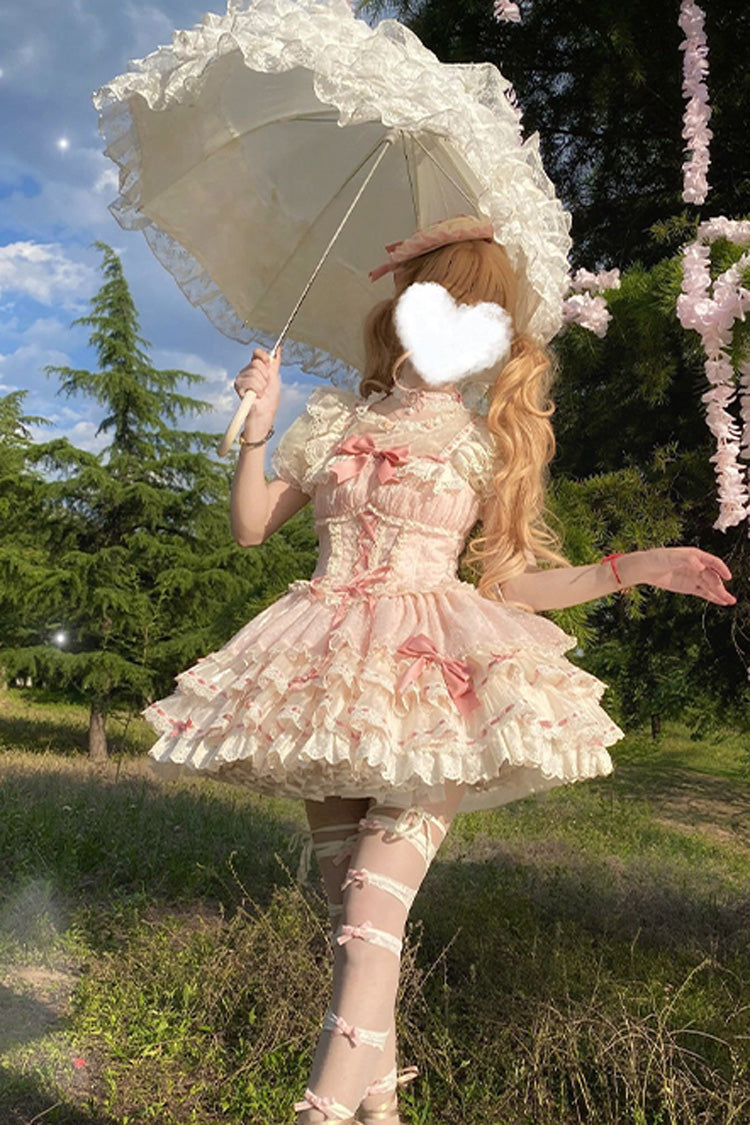 Pink [Flory Butterfly] Double-Layered Ruffle Bowknot Lace Lace-Up Sweet Ballet Lolita Jsk Dress - Product - 7