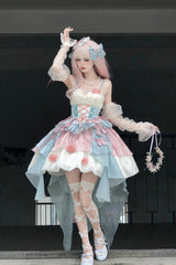 Pink/Blue [Camellia Covenant] Halterneck Ruffled Bow Lace Lace-Up Sweet Lolita Jsk Dress - Product - 6