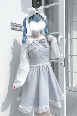 Grey Long Sleeves Bowknot Lace Pearl Sweet Jirai Kei Dress - Grey - 1