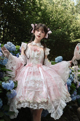 Pink [Spring Entwined with Cherry Clouds] Short Sleeves Embroidered Bow Lace Sweet Chinese Style Lolita Dress - Product - 6
