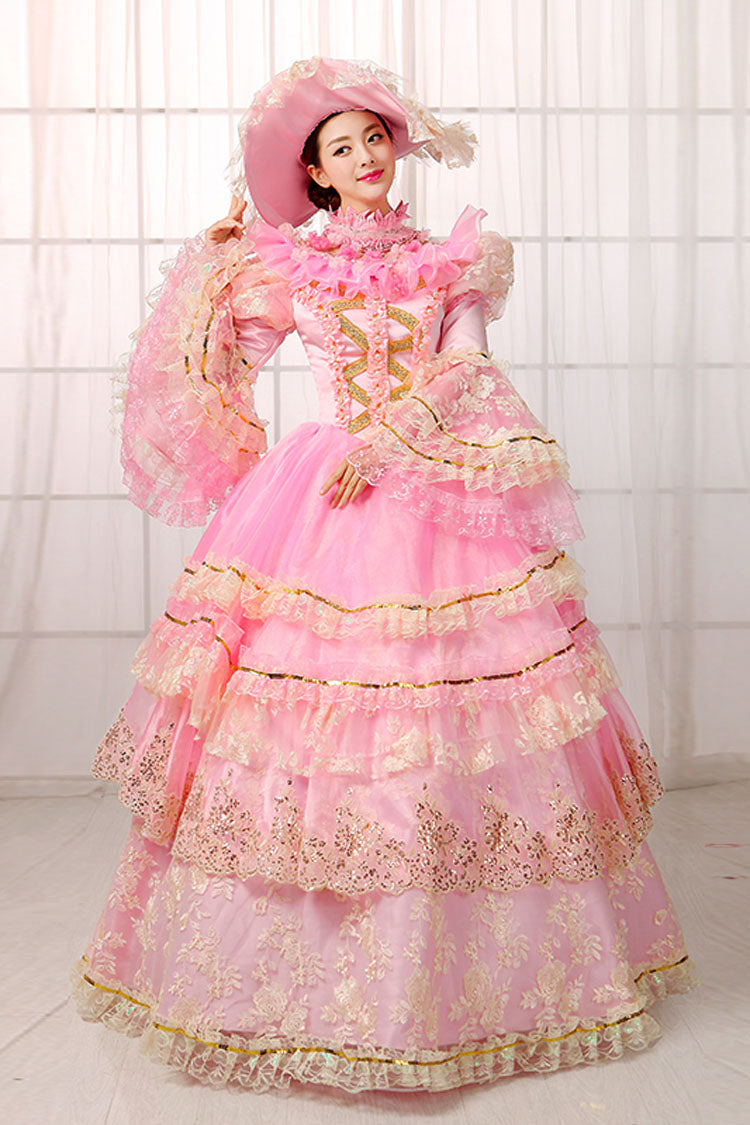 Pink Trumpet Sleeves High Waisted Hollow Embroidery Print Multi-Layer Victorian Lolita Prom Dress - Product - 3