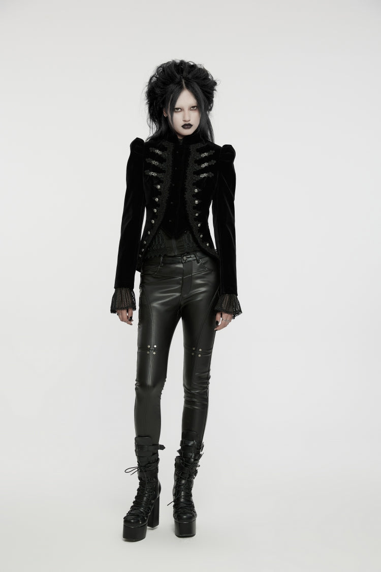 Black Stand Collar Long Sleeves Women's Gothic Swallowtail Coat - Product - 8