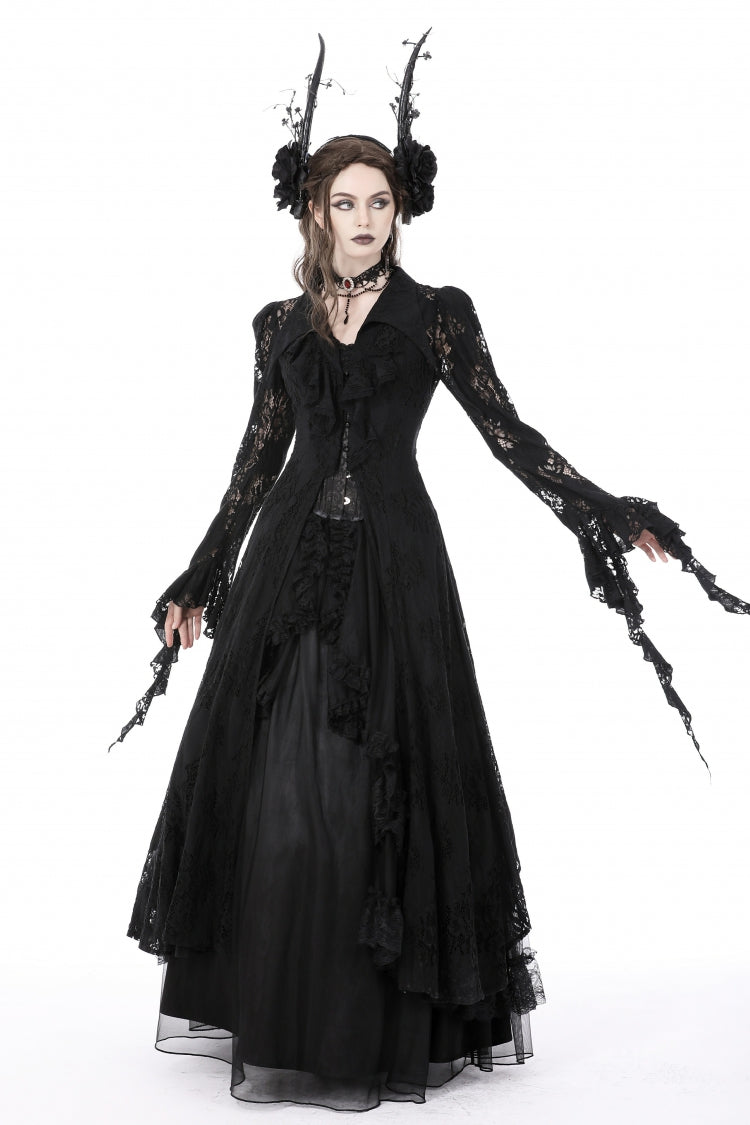 Black Lapel Collar Long Sleeves Ruffled Irregular Lace Lace-Up Women's Gothic Jacket Dress - Product - 6
