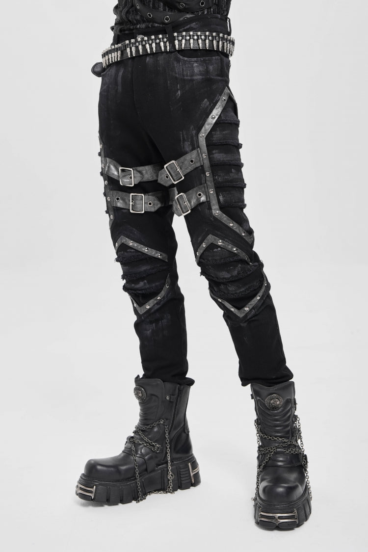 Black Buckle Straps Pleated Men's Punk Pants - Product - 5