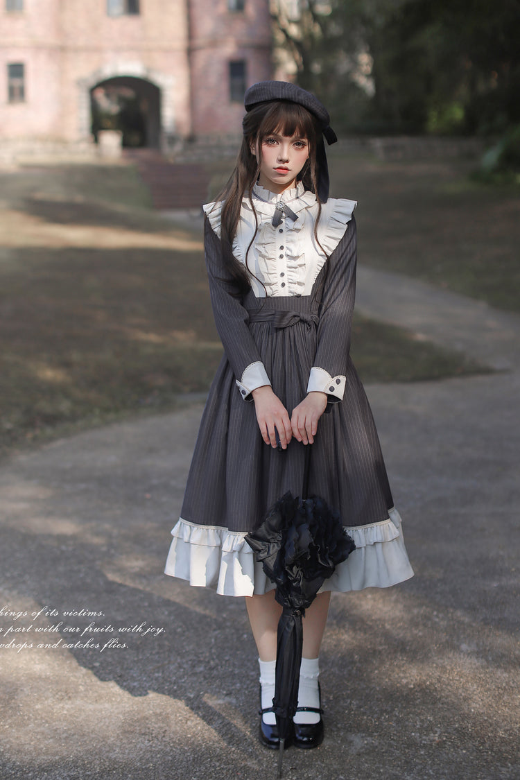 Dark Blue [Berlin Evening News] Long Sleeves Striped Print Ruffle Bowknot British College Style Elegant Sweet Lolita Dress - Product - 12
