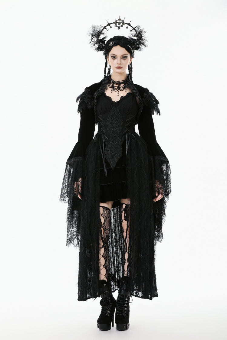 Black Lace Spliced Velvet Long Flared Sleeves Floral Feather Women's Gothic Cape - Product - 7