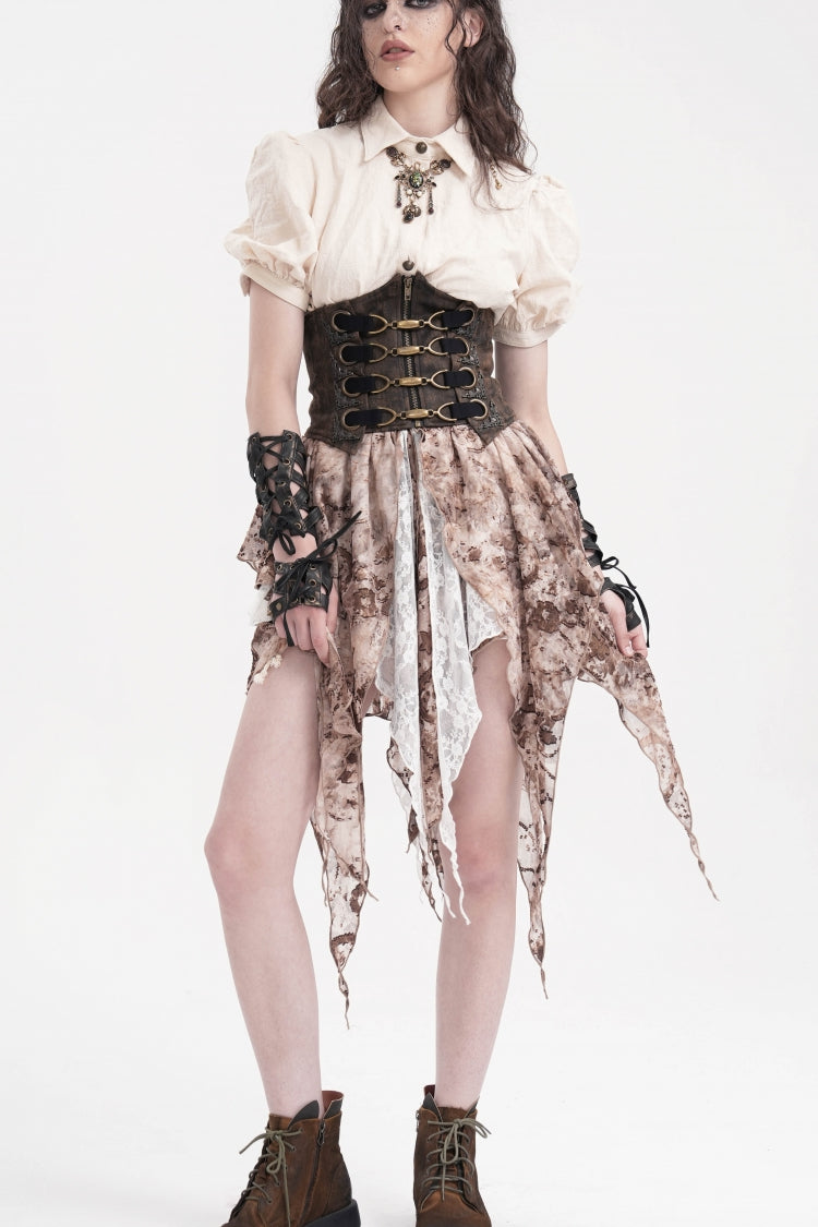 Brown Lace-Up Slim Zippered Women's Punk Underbust Corset - Product - 8