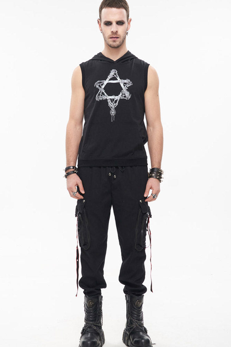 Black Punk Multi Pocket Webbing Decorative Drawstring Men's Long Pants - Product - 4