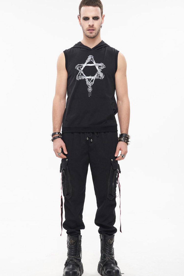 Black Punk Multi Pocket Webbing Decorative Drawstring Men's Long Pants - Product - 4
