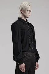 Black Hand-Stitched Button Pleated Long Puff Sleeves Ruffle Mens Gothic Blouse - Product - 2
