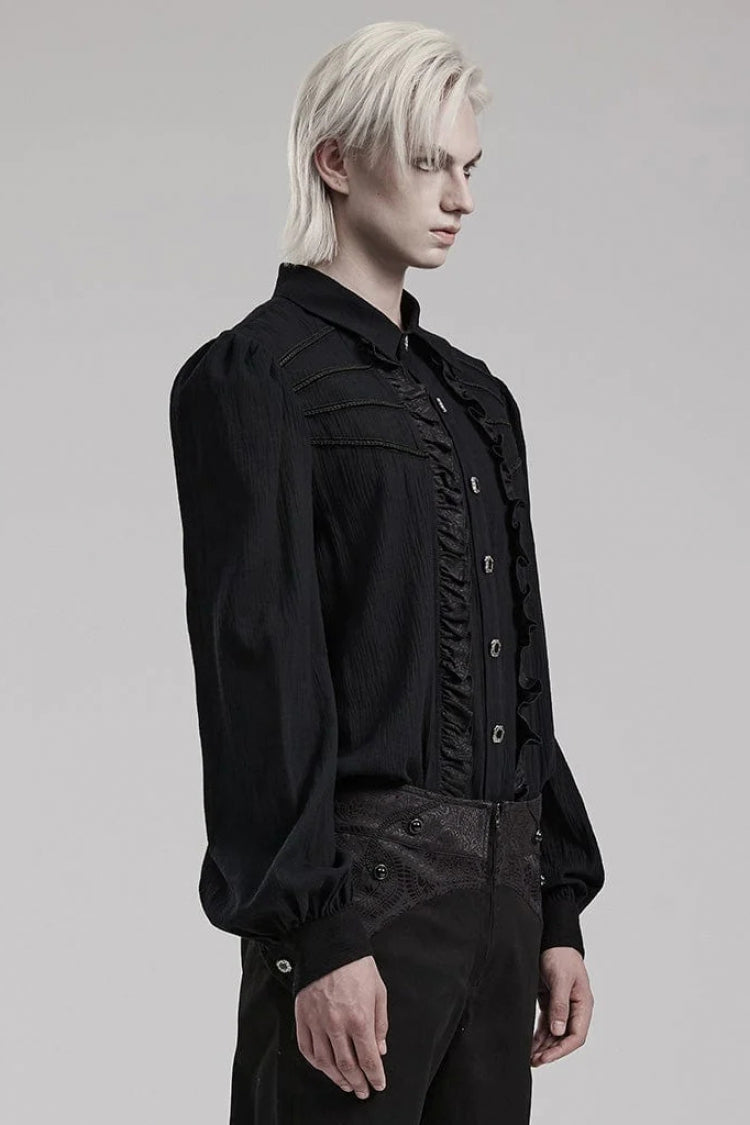 Black Hand-Stitched Button Pleated Long Puff Sleeves Ruffle Mens Gothic Blouse - Product - 2