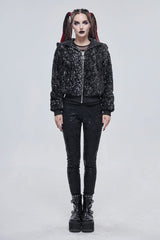 Black/White Two Tone Woolen Grain Fleece Metal Five Pointed Star Zipper Women's Punk Coat - Product - 2