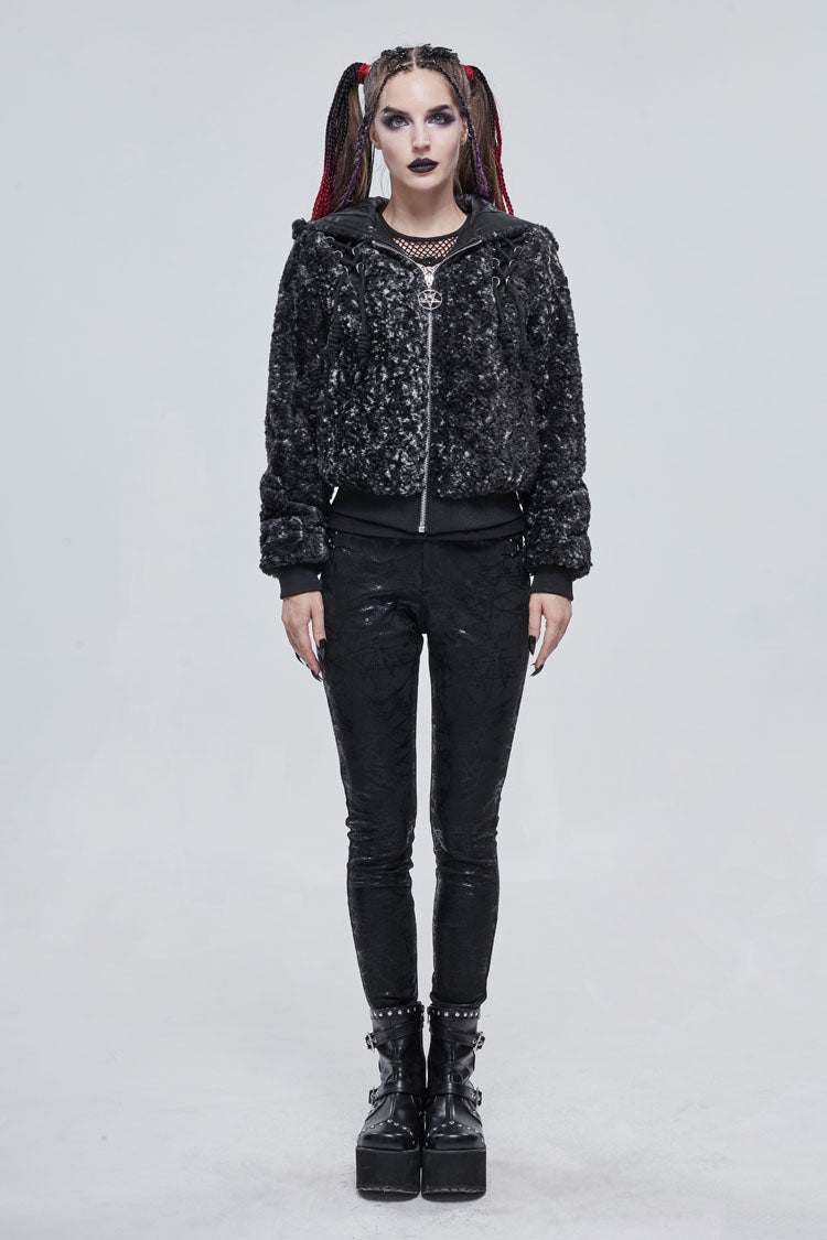 Black/White Two Tone Woolen Grain Fleece Metal Five Pointed Star Zipper Women's Punk Coat - Product - 2