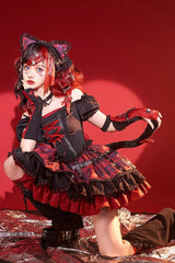 Black/Red Print Ruffle Lace-Up Gothic Japanese Princess Lolita JSK Dress - Product - 4