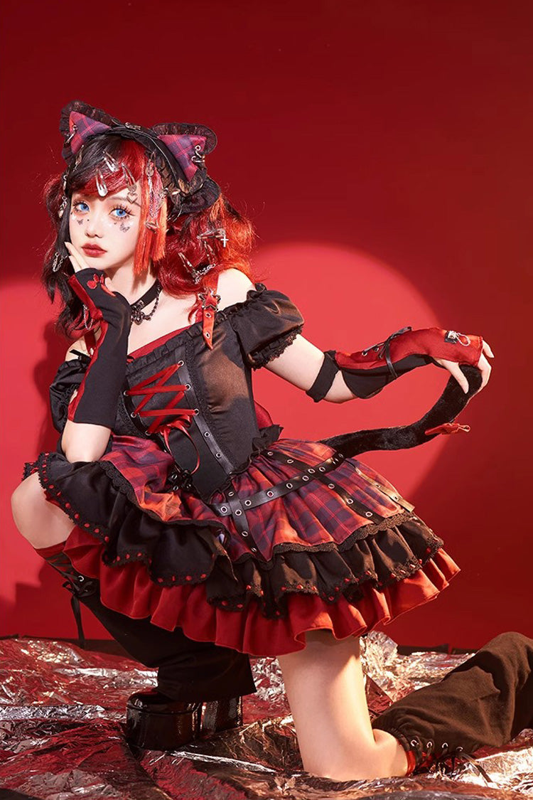 Black/Red Print Ruffle Lace-Up Gothic Japanese Princess Lolita JSK Dress - Product - 4