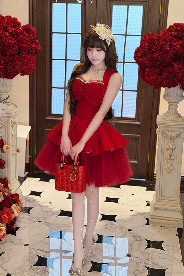 Red [Romantic Rose] Square Collar Sleeveless Ruffled Classic Ballet Lolita Dress - Product - 14