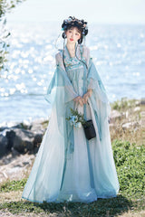 Blue [Blue Ocean] High Waisted Embroidered Lace Women's Sweet Hanfu Dress Full Set - Blue - 1