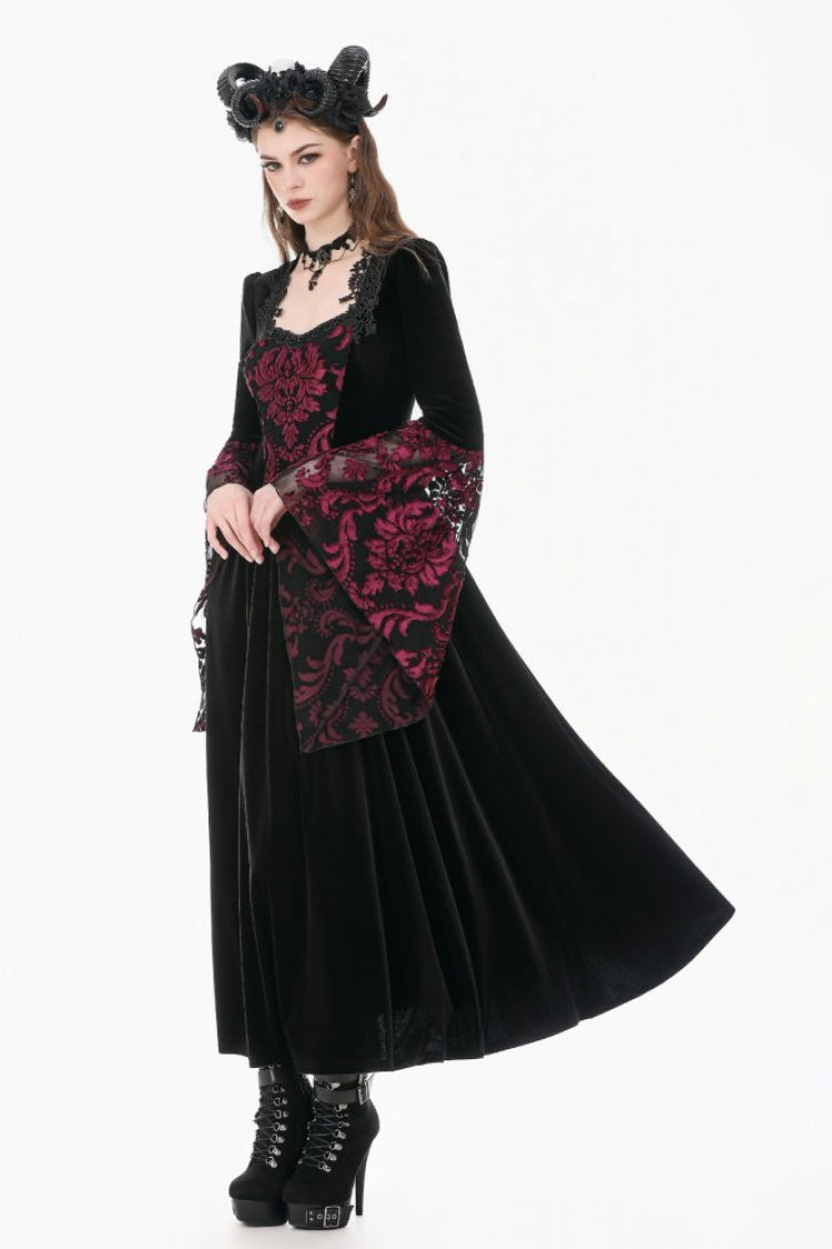 Black/Red Square Collar Long Flare Puff Sleeves Lace Women's Gothic Victorian Velvet Long Dress - Product - 2