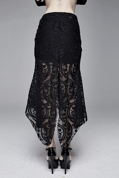 Black Irregular Hem Court Flocking Printed Mesh Sexy Package Hip Fishtail Gothic Skirt - Product - 3