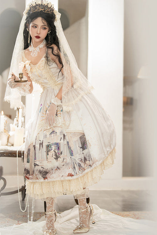 Beige Elegant Vintage Gorgeous Hymn Print High Waisted Sweet Lolita JSK Dress - Product - 2
