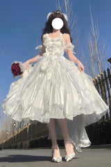 White [Cindy Rose] Halterneck Sleeveless Ruffle Bowknot Sweet Elegant Lolita Jsk Dress - White - 1
