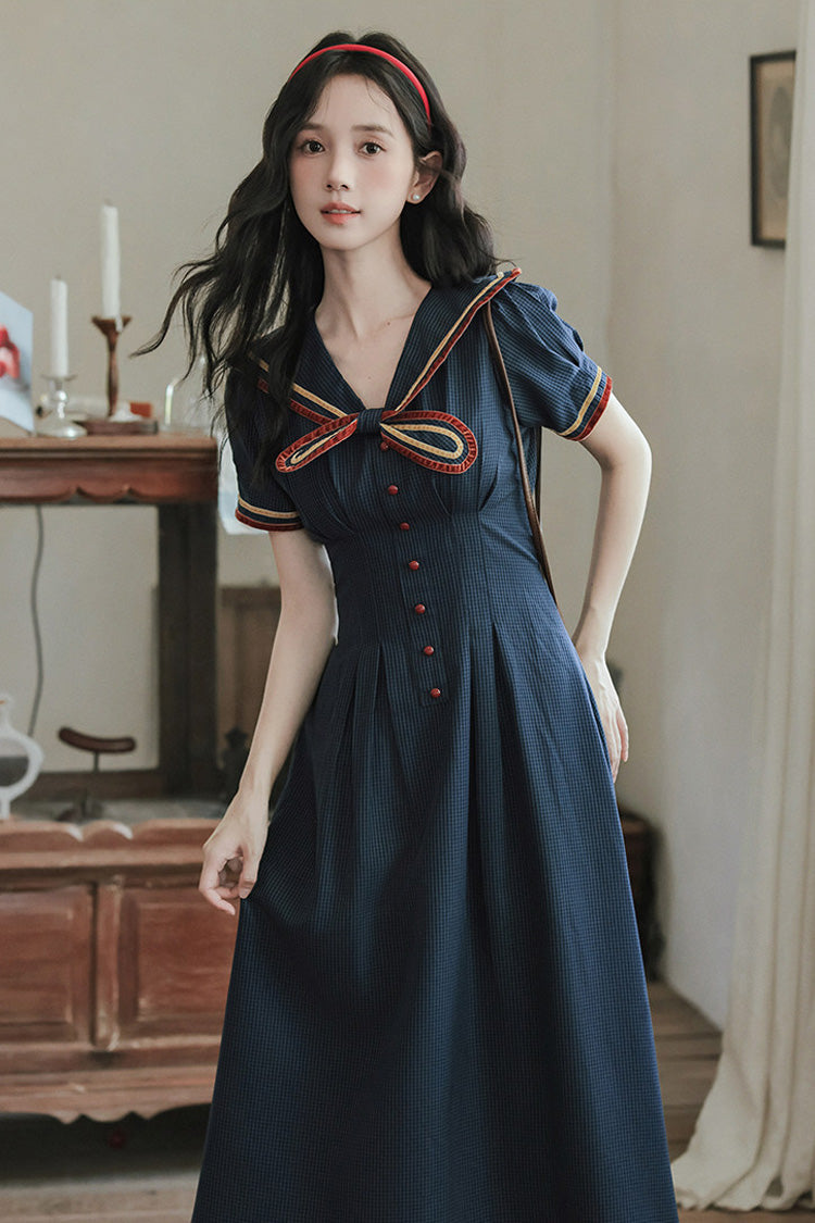 Dark Blue Navy Collar Short Sleeves Subtle Pattern Bow Classic College Style Lolita Dress - Product - 2