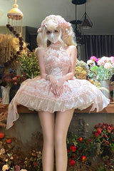 Pink Halterneck Triple-Layered Bowknot Lace Sweet Lolita Jsk Dress - Product - 4