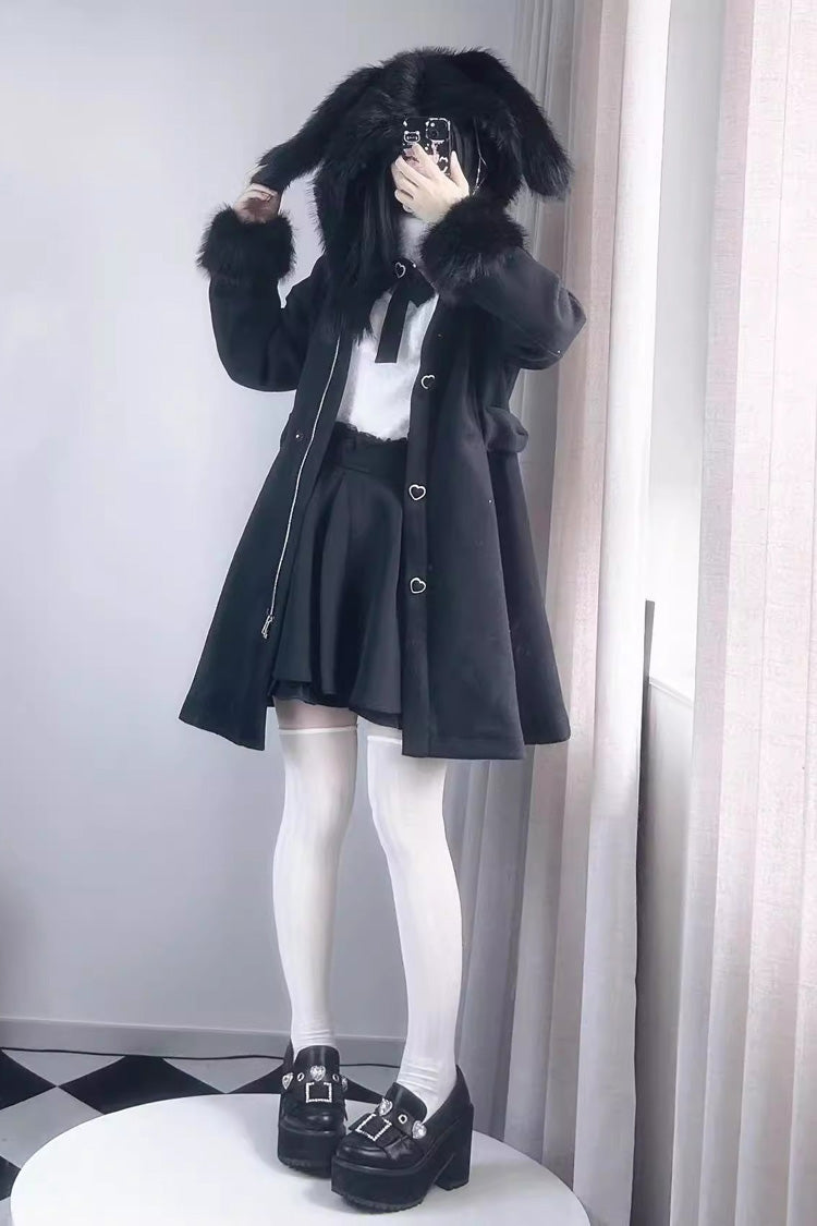 Plush Lop Rabbit Long Sleeves Hooded Detachable Sweet Jirai Kei Lolita Coat 2 Colors - Product - 4