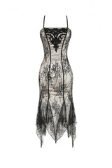 Black/White Lace Floral Embroidered Lace-Up Asymmetric Hem Women's Gothic Slip Dress - Product - 3