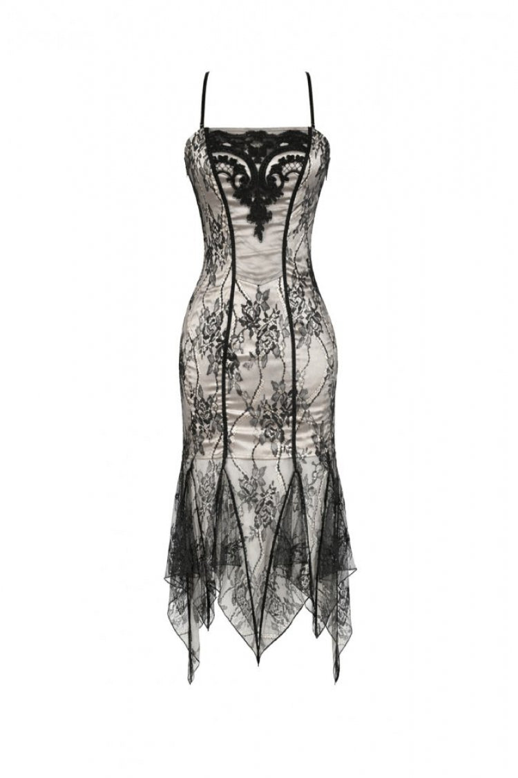 Black/White Lace Floral Embroidered Lace-Up Asymmetric Hem Women's Gothic Slip Dress - Product - 3