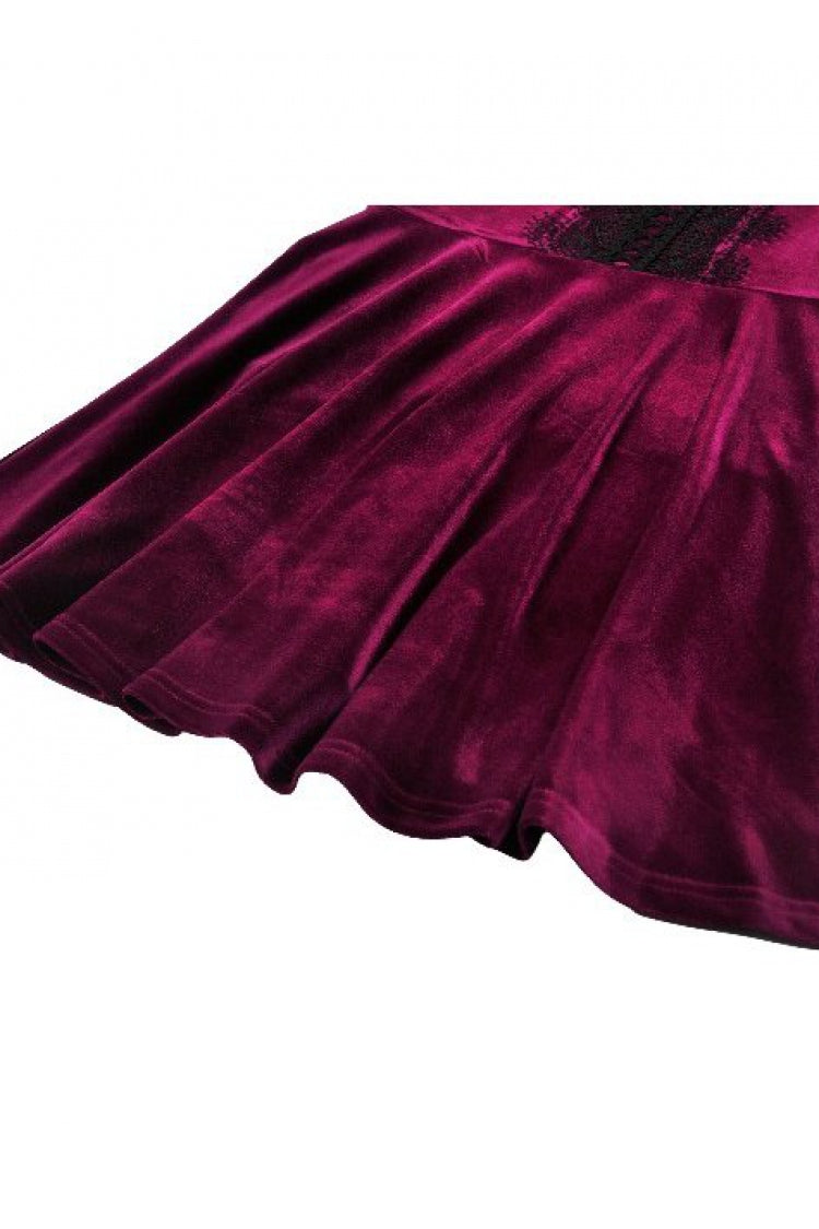 Wine Red Square Collar Short Puff Sleeves Velvet Patchwork Lace Lace-Up Women's Gothic Dress - Product - 13