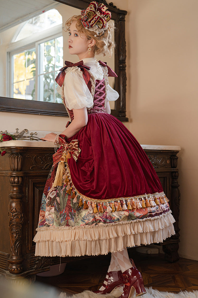 Red [Kaleidoscope of Dreams] Sleeveless Double-Layered Print Embroidery Bowknot Classic Vintage Gorgeous Lolita Jsk Dress - Product - 11