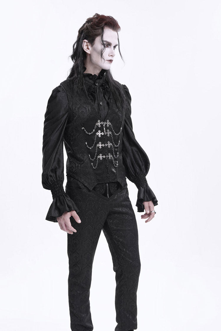 Black Sleeveless Jacquard Chain Buckle-up Men's Gothic Vest - Product - 5
