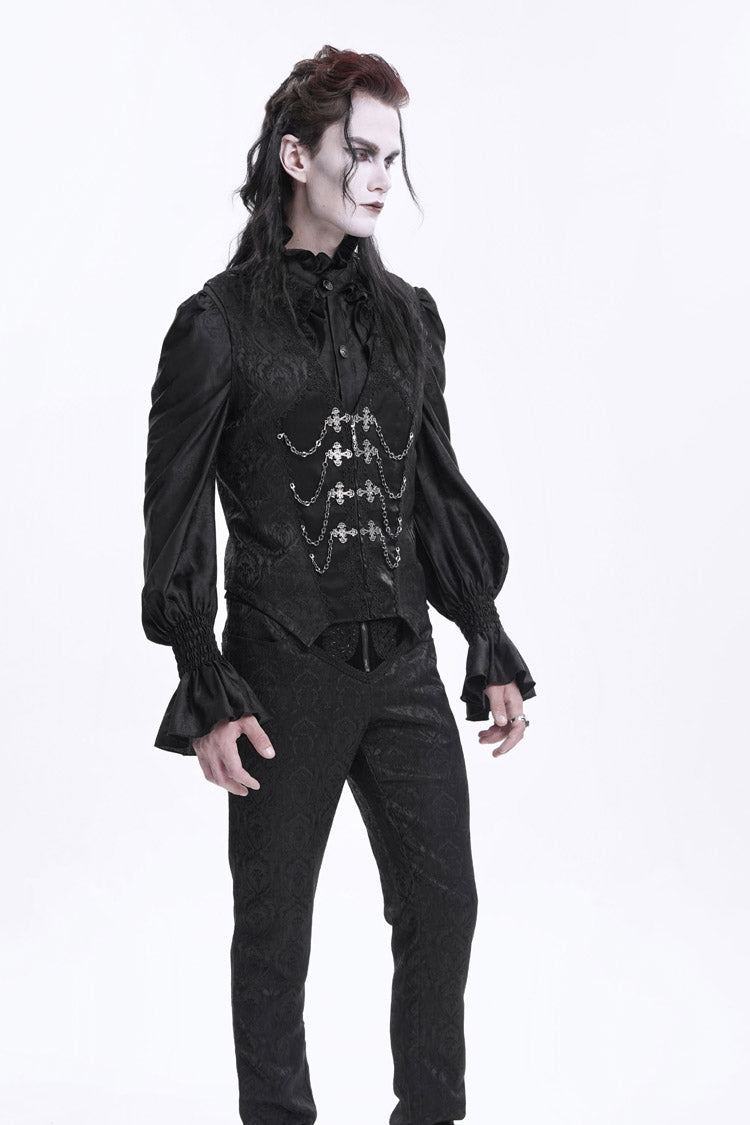 Black Sleeveless Jacquard Chain Buckle-up Men's Gothic Vest - Product - 5