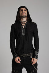 Black Long Sleeves Lace-Up Hooded Studs Eyelets Men's Punk T-Shirt - Product - 3
