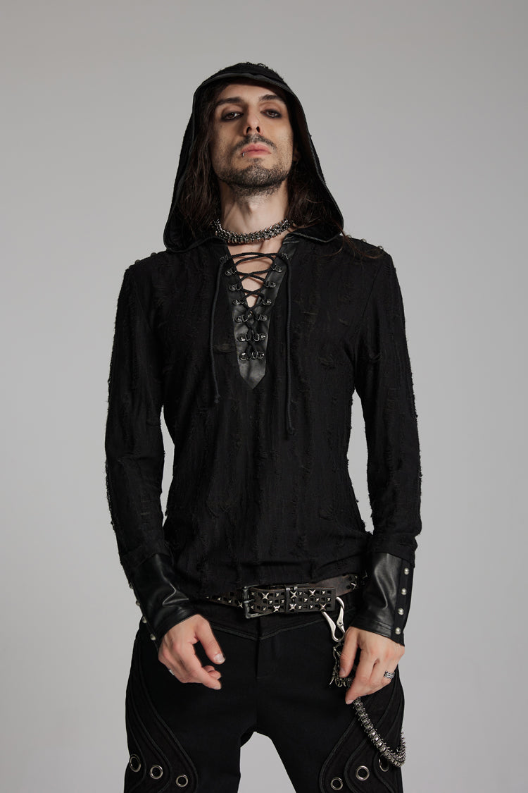 Black Long Sleeves Lace-Up Hooded Studs Eyelets Men's Punk T-Shirt - Product - 3