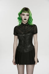 Black Lapel Collar Short Sleeves Lace-Up Mesh Eyelet Women's Punk Blouse - Black - 1