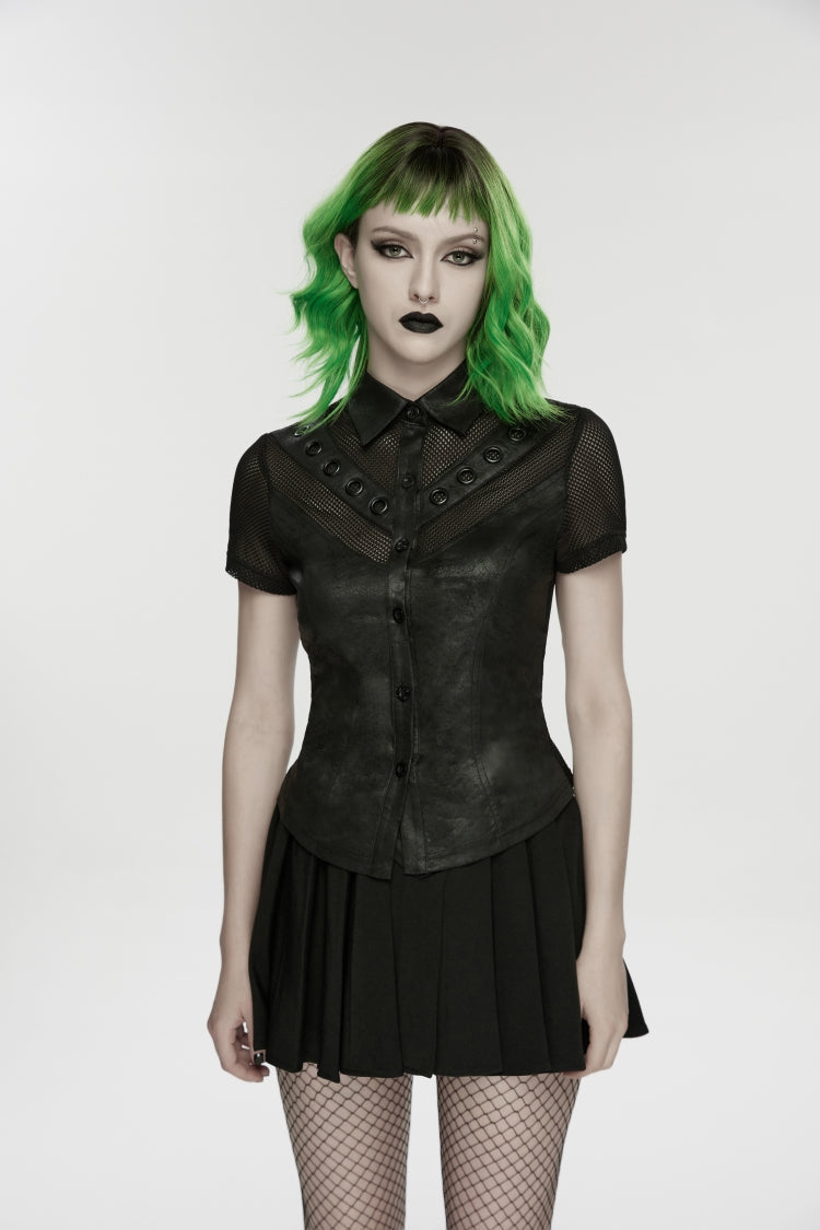 Black Lapel Collar Short Sleeves Lace-Up Mesh Eyelet Women's Punk Blouse - Black - 1