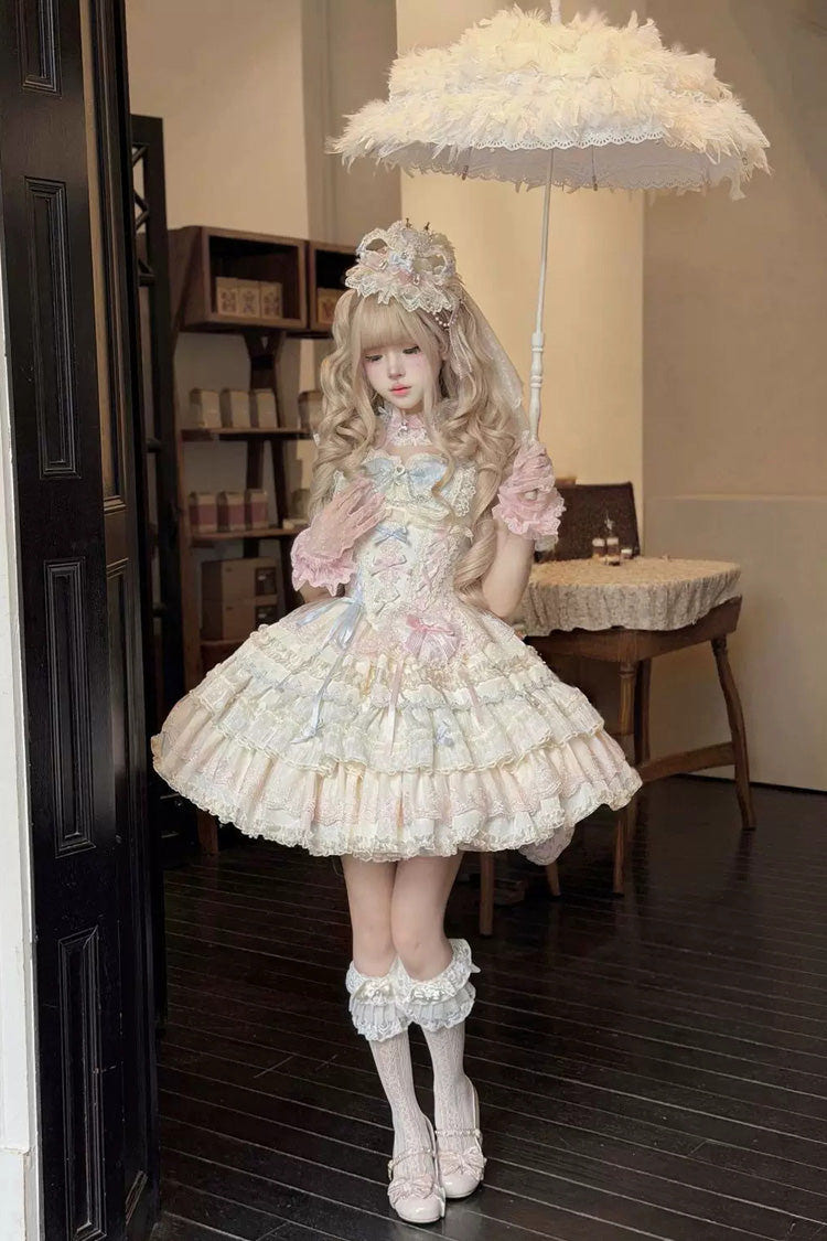 Apricot/Pink [Cloudwhale Dreamweaver] Square Collar Multi-Layered Ruffled Bow Lace Sweet Lolita Jsk Dress - Product - 8