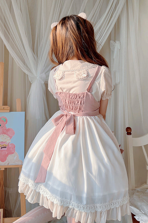 Beige Ruffled Bow Cute Bear Print High Waisted Sweet Lolita JSK Dress - Product - 5