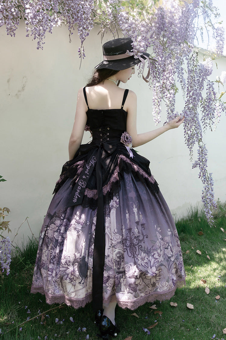 Black/Purple [Angel Garden] Sleeveless Print Ruffle Bowknot Lace Sweet Gothic Lolita Skirt Set - Product - 3