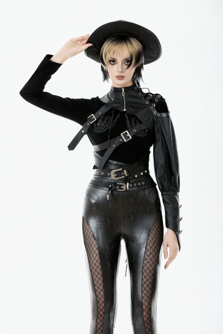 Black Cut-Out Asymmetric Buckled Zippered Women's Punk Cape - Product - 5