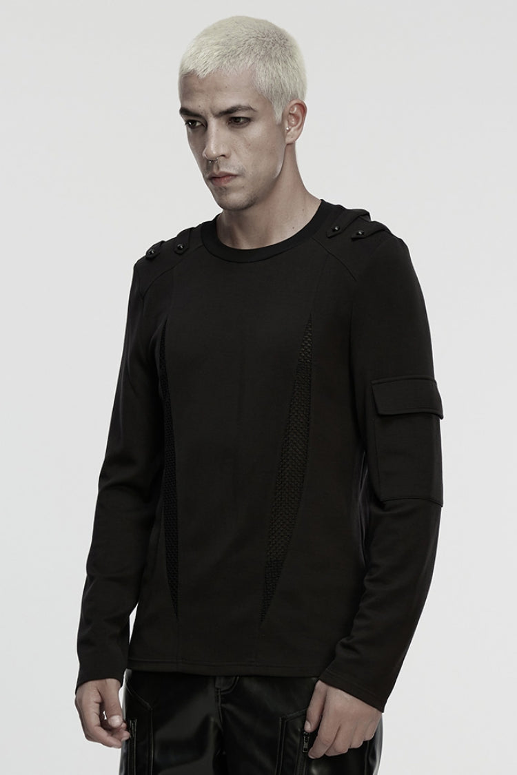 Black Round Collar Long Sleeves Cut-Out Spliced Mesh Men's Punk T-Shirt - Product - 2