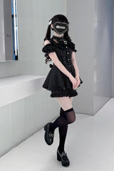 [Silver Candle Elegy”] Short Sleeves Printed Ruffled Cut-Out Bow Gothic Jirai Kei Top and Shorts Set 2 Colors - Product - 9