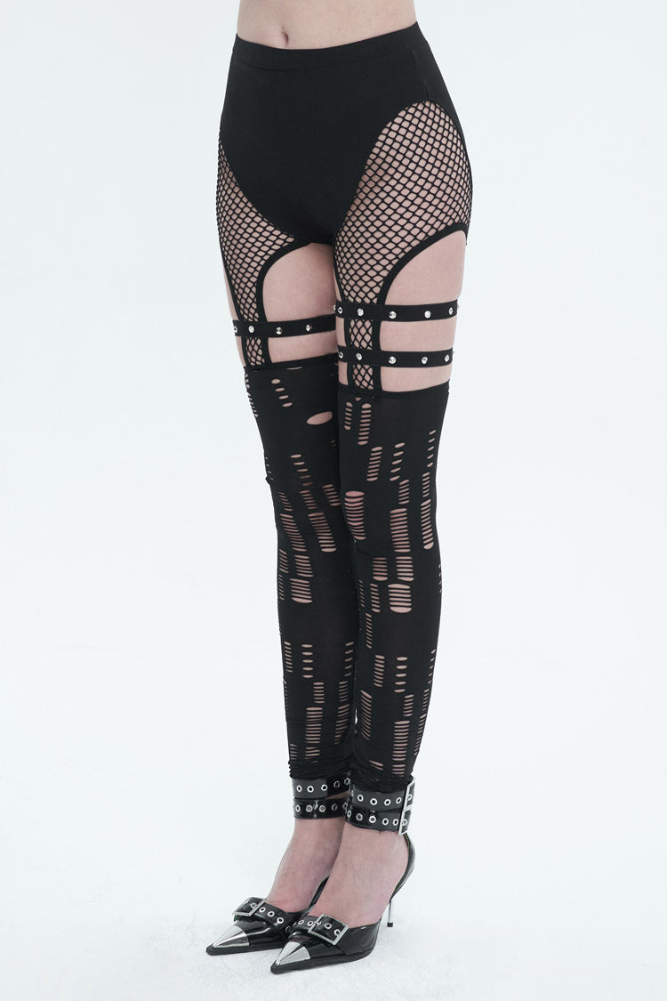 Black Elastic Asymmetrical Hole Knit Stitching Mesh Women's Punk Leggings - Product - 2