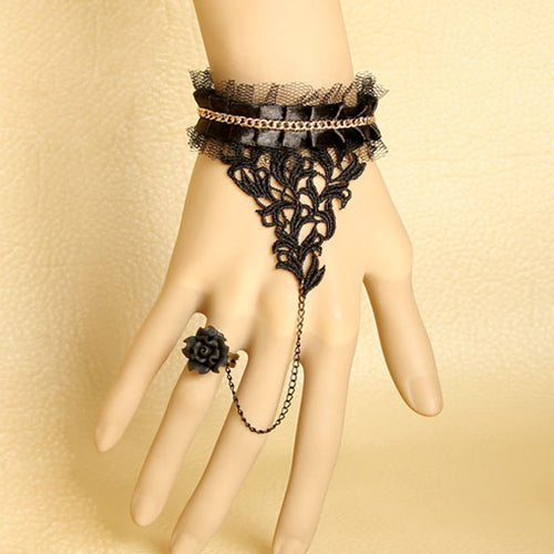 Black Retro Fashion Elegant Lace Rose Flower Female Gothic Ring Bracelet - Black - 1
